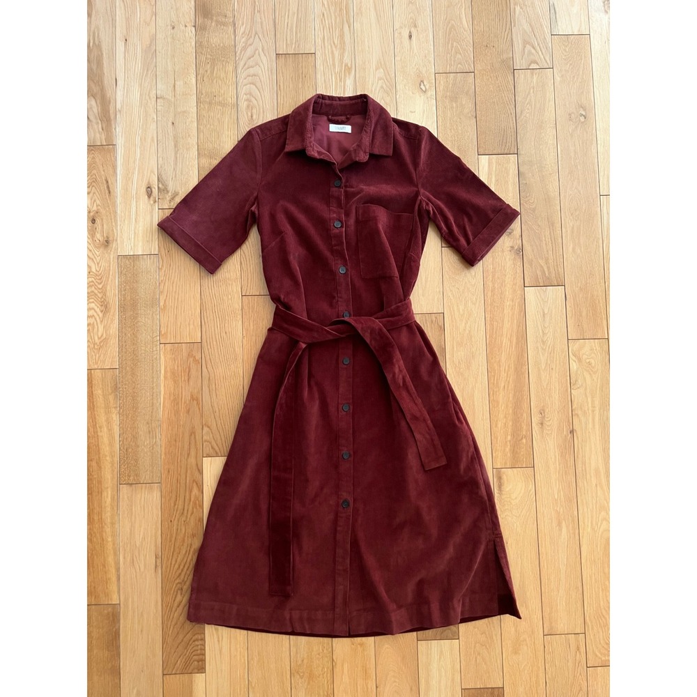 TOAST Corduroy Short Sleeve Button Front Midi Belted Shirt Dress Rust Brown 8
